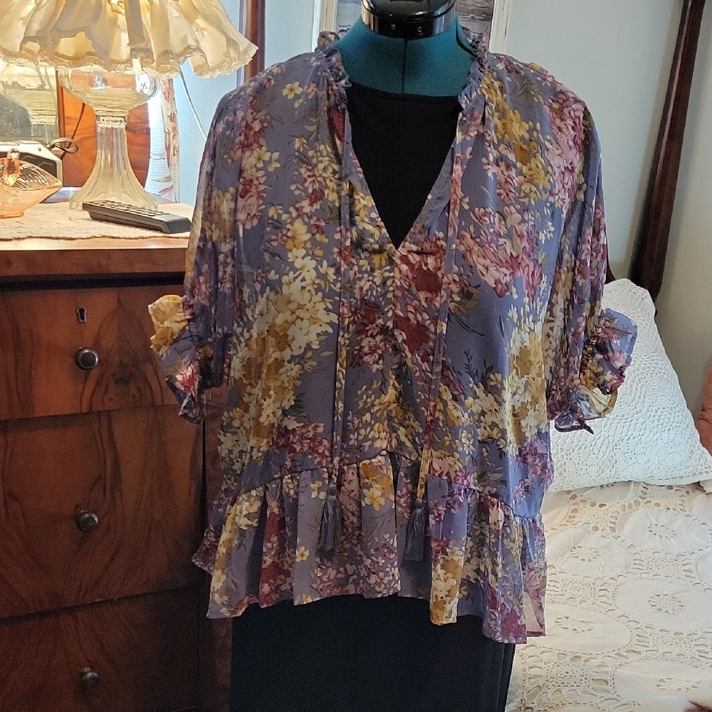 Umgee Purple Floral Ruffle Blouse